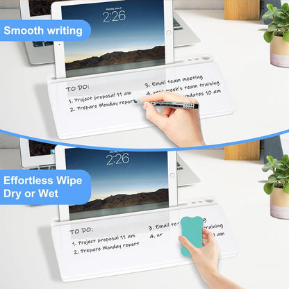 Desktop Glass Whiteboard with Storage, Desk White Board with Computer Keyboard Stand, White Dry Erase Board with Drawers for Home, School, Office Desk Organizers and Accessories