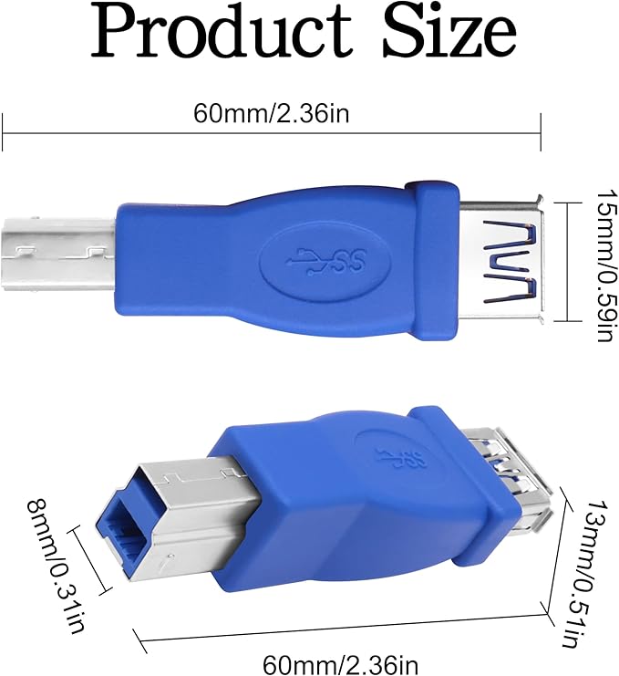 MEIRIYFA USB A to USB 3.0 B Printer Adapter, USB 3.0 Type-B to USB3.0 Type-A Female Adapter Converter 5Gbps for Printer, Scanner, External Hard Drive, Laptops - Blue, 2PCS (USB-B Male)