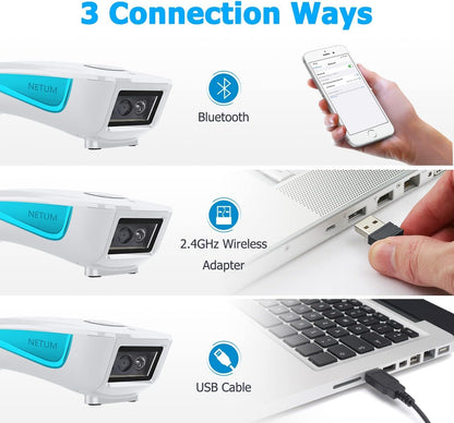 NETUM Upgraded Mini Wireless QR Barcode Scanner, 3 in 1 Bluetooth Portable Pocket Small 1D 2D Bar Code Reader, Automatic Fast, Precise scanning for POS, C850 White