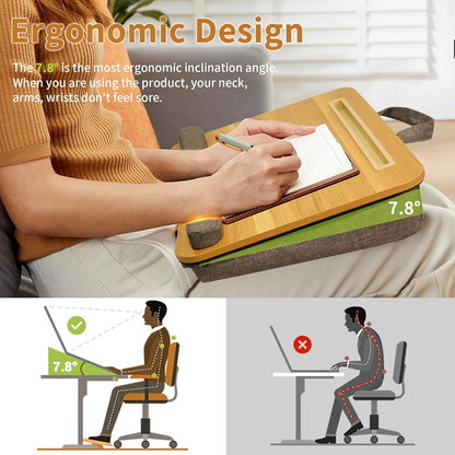 Portable Lap Desk for Laptop with Cushion, Storage Bag Fits Up to 15.6 Inch Laptop, Adults with Ipad/Phone & Pillow Holder for Home Office Bed Couch- Light Wood Color