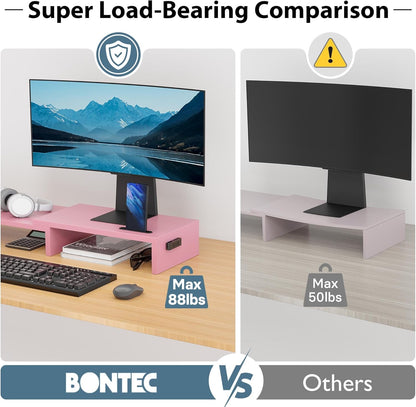 BONTEC Dual Monitor Stand Riser with Smartphone Holder, Adjustable Length & Swivel Angle, Ergonomic Wooden Desktop Organizer for PC Monitor, Laptop, Printer, Large Storage, Pink