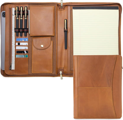 Genuine Leather Portfolio with Front Pocket for Men and Women, Zippered Padfolio Binder 8.5 x 11 Legal Pad Notebook Holder, Fits 13” Laptop, Professional Work File Case, Brown
