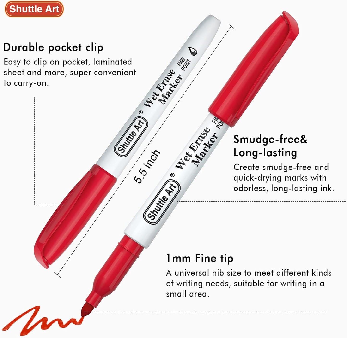 Shuttle Art Wet Erase Markers, 15 Colors 1mm Fine Tip Smudge-Free Markers, Use on Laminated Calendars,Overhead Projectors,Schedules,Whiteboards,Transparencies,Glass,Wipe with Water