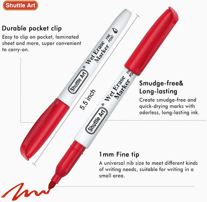 Shuttle Art Wet Erase Markers, 12 Colors 1mm Fine Tip Overhead Projectors Transparency Smudge-Free Markers, Works for Laminated Calendars Whiteboard Schedule Glass, Wipe with Water