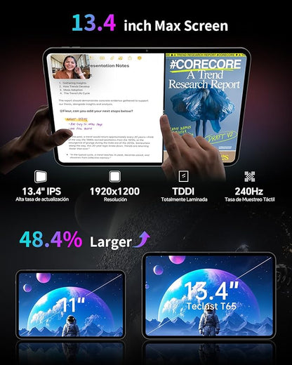 TECLAST Android 16 T65 13.4 inch Large Tablet, 20GB+128GB,120Hz 1920x1200 IPS Display,2.2Ghz Octa-Core Processor,10H 8000mAh Battery, 2.4GHz+5GHz WiFi,4G LTE,GPS, 3.5mm Headphone Jack for Music Lovers