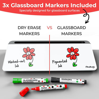 Chalkola Glass Desktop Whiteboard with Storage - Dry Erase Board, Work Desk Organizers, Computer Keyboard Stand, Home Office Desk Accessories, Small White Board, Workspace Desktop Buddy + 3 Markers