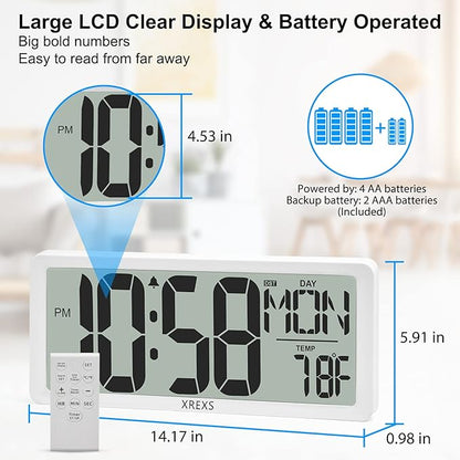 XREXS Digital Wall Clock with Backlight (Not Constantly Illuminated), 14.17 Inch Large Wall Clock with Remote Control, Count Down Timer, Battery Operated Digital Clock with Temperature, Date&Week