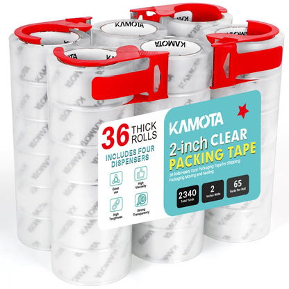 KAMOTA Packing Tape, 36 Rolls Heavy Duty Clear Packaging Tape for Shipping Packaging Moving Sealing, 2 inches Wide, 65 Yards Per Roll, Total 2340 Yards with 4 Dispensers