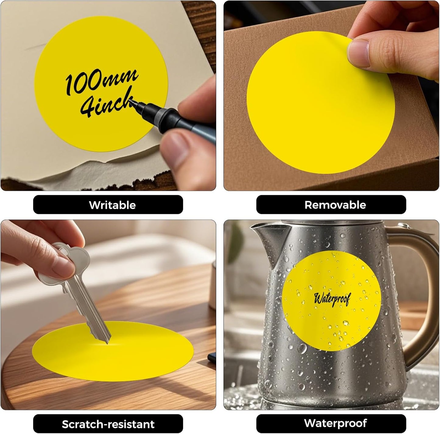 300 PCS Circle Stickers 4 Inch Yellow Vinyl Floor Dots Sticker Removable Self-Adhesive Colored Large Round Label Roll for Marking Inventory Organizing Classroom Line Up Spots