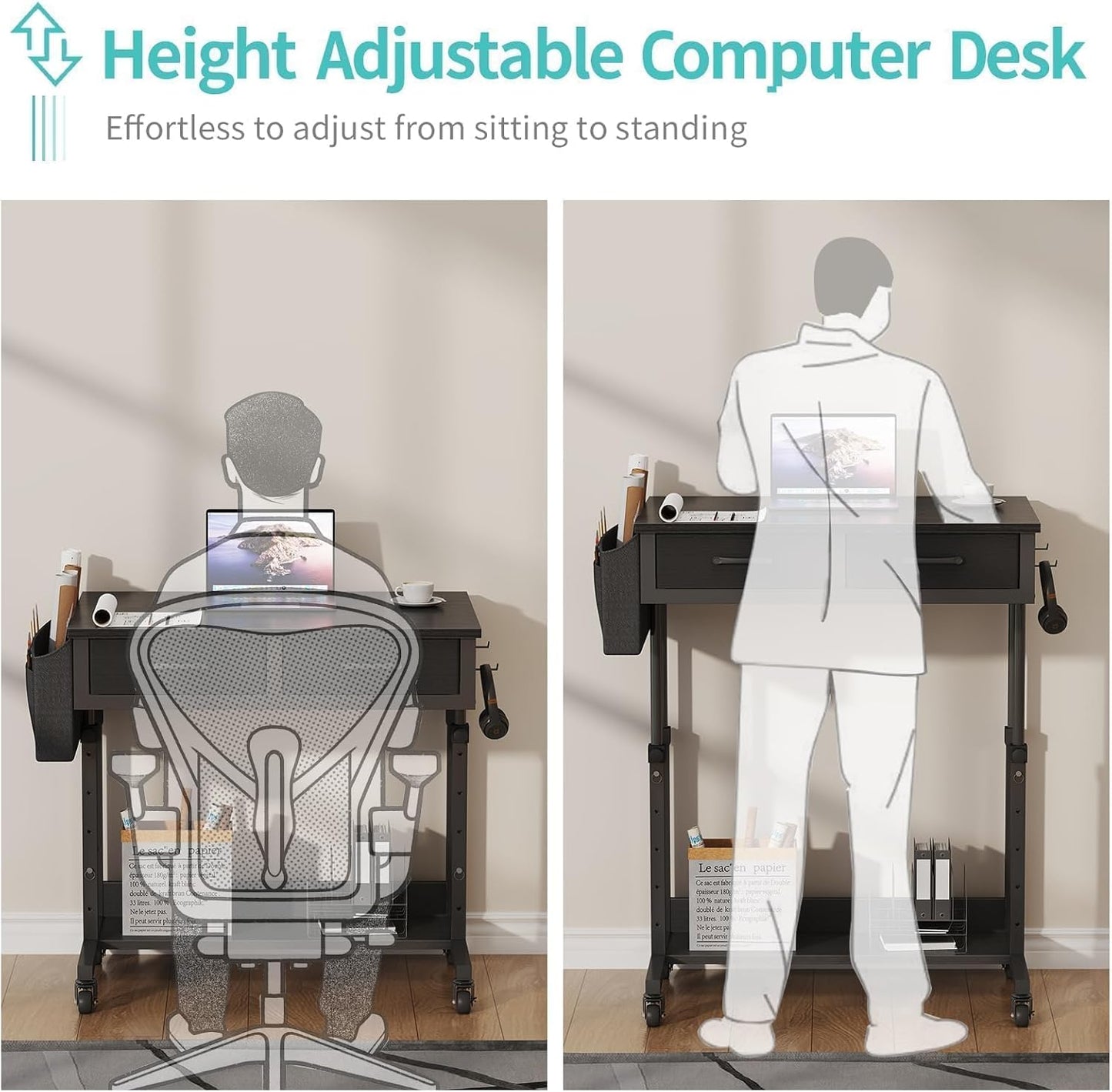 Small Portable Rolling Standing Desk - 32 Inch Adjustable Mobile Stand Up Teacher Desks with 2 Fabric Drawers on Wheels for Classroom, Couch Sofa Side Laptop Table with Storage for Home Office, Black