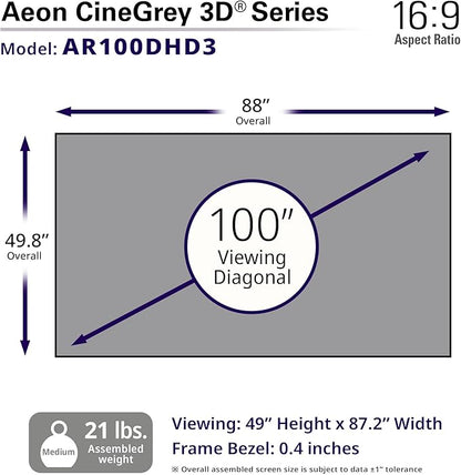 Elite Screens Aeon CineGrey 3D, 100" Fixed Frame CLR/ALR Projector Screen 16:9, Standard Throw Projection, Edge Free Ceiling & Ambient Light Rejecting, Wall-Mounted, for Movie Home Theater, AR100DHD3