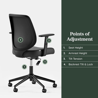 Branch Daily Chair - Vegan Leather Office Chair with Swivel, Lumbar Rest, and Adjustable Armrests - Comfortable Seating for Improved Posture and Productivity - Black