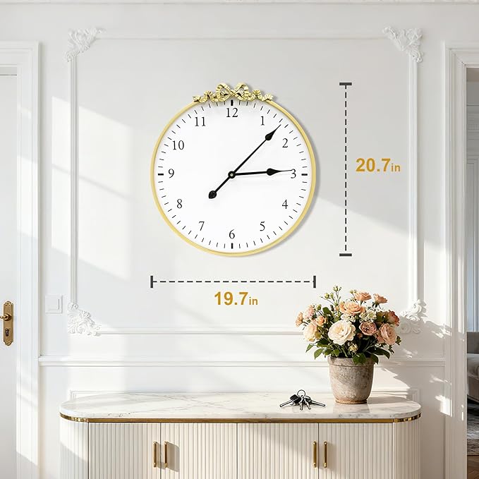 Large Vintage Gold Wall Clock, 20inch Decorative Round Wall Clocks with Bow Decor for Living Room, Retro Metal Battery Operated Clocks for Bedroom, Dining Room,Office