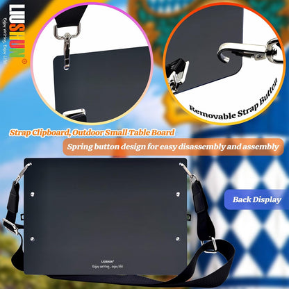 Aluminum Metal Clipboard with Detachable Adjustable Shoulder Strap A4 Double Clip Board Stainless Hangable w/Pen Holder Letter 9" x 12.6" for School Office Business Factory (Black-with Strap, A4)