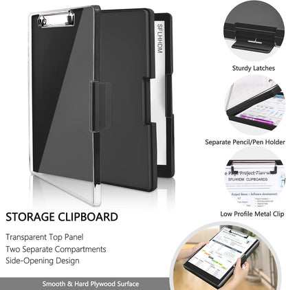 Clipboard with Storage,Heavy Duty Clip Boards 8.5x11 with 2 Storage Case,Clear Visible Top Panel Storage Clipboards,Side Opening Clip Boards,Nursing Clipboard Folder Case for Office Supplies-Black