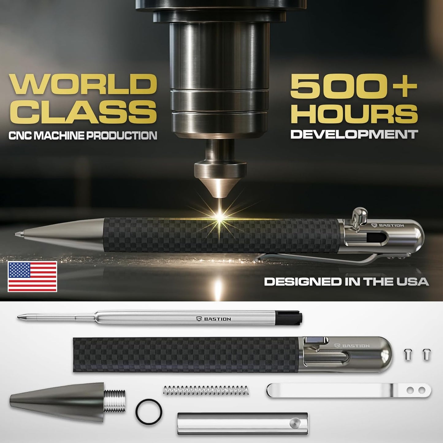 BASTION® Luxury Carbon Fiber Bolt Action Pen, Durable Professional Ballpoint Pen for Travel, School and Work Birthday Gift Idea - Carbon Fiber and Stainless Steel