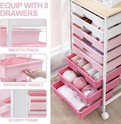 Rolling Cart with Drawers,Storage Cart with 8 Drawers and Wooden Tabletop,Utility Cart for Living Room,Classroom, Bedroom,Bathroom,Dorm,Office,Rose Pink