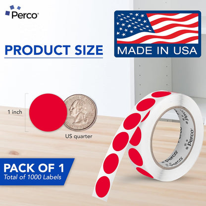 Perco Red 1-Inch Round Circle Dot Sticker Labels with Easy Peel Perforation - 1,000 Labels per Roll - Strong Adhesion, Vibrant Colors for Organizing, Crafting & More - Made in USA
