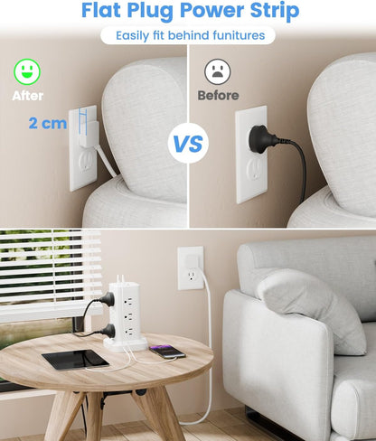 15-in-1 Power Strip Tower with Surge Protector 1800J, Fast Charging Tower PD20W USB-C Ports with 12 AC Outlets, 6ft Extension Cord for Home Office Dorm Room, White