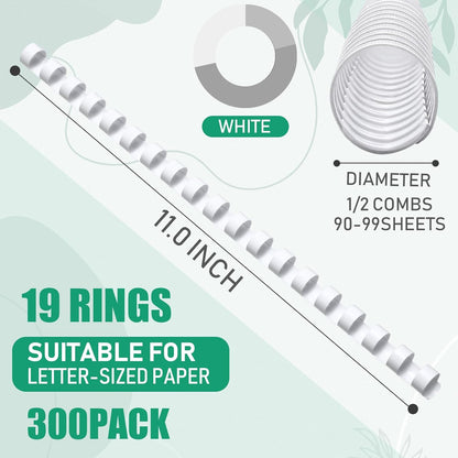 Maitys 300 Pcs Plastic Binding Combs Bulk 19 Ring Comb Spines Letter Size Spiral Binding for Notebook Calendar Picture (1/2 Inch,White)