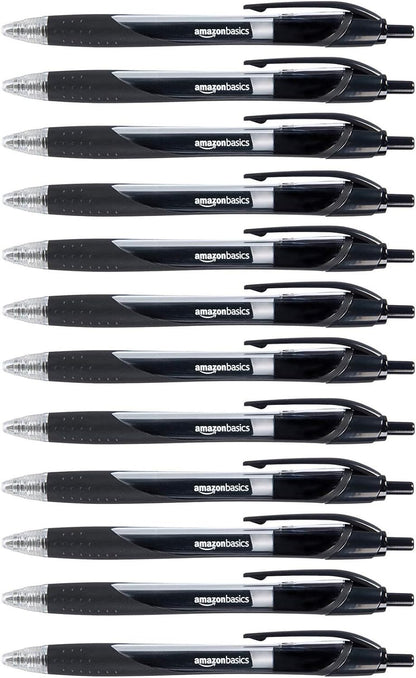 Amazon Basics Retractable Gel Ink Pens, Fine Point, Smooth Writing, Black, 12-Pack