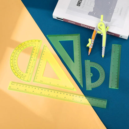 Zonon 1 Set Plastic Geometry Math Set 7 Pcs Includes 6'' / 4 '' Protractor, Drawing Compass, 45/60 Degree Triangle Rulers, 12'' / 6'' Math Ruler Transparent for Office Supplies(Yellow)