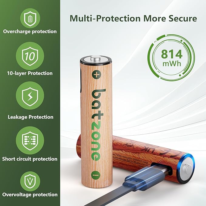Rechargeable AAA Batteries, 814mWh AAA Batteries Lithium, Long Lasting USB C AAA Rechargeable Battery, 4 Pack with 1 USB-C 2-in-1 Charging Cable Over 1000+ Cycles