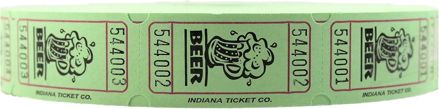 INDIANA TICKET CO. 2000 Raffle Tickets, Beer, Green, Single Roll, Ticket for Events, Entry, Class Reward, Fundraiser & Prizes