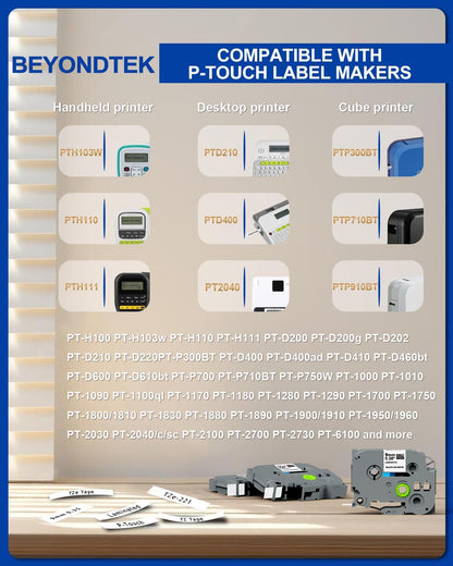 Tze-221 TZe221 Compatible for Brother P Touch TZ Tape 9mm 0.35 Laminated White Tape TZ-221 Label Tape for Brother Ptouch Label Maker PT-D200 PT-D400 PT-D600 PT-H110, Black on White, 6-Pack