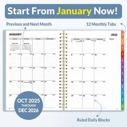 SUNEE 2026 Weekly and Monthly Planner - from January 2026 - December 2026, 6.4" x 8.3" Daily Agenda Planner with Monthly Tab, Flexible Cover, Note Pages, Pockets, Bookmark, Spiral Binding, Gray Blue