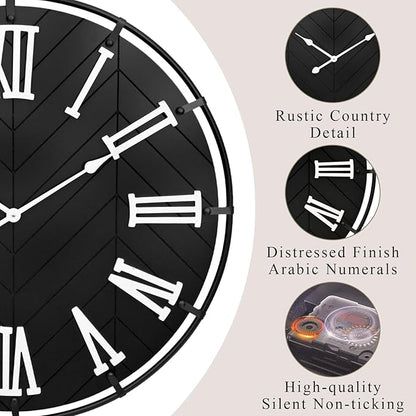 30 Inch Large Wooden Wall Clock – Extra Large FarmhouseWall Clock with 3D Roman Numerals & Herringbone Splicing, Black Modern Wood Wall Clock for Living Room