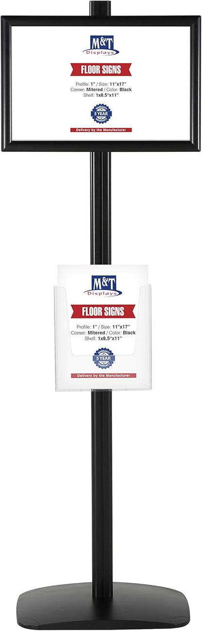M&T Displays Free Standing Aluminum Display Stand Single Sided Document Brochure Sign Holder Front Loading Portrait Landscape Black Snap Frame 1x(11x17) and Clear Acrylic Pocket 1x(8.5x11) Inch