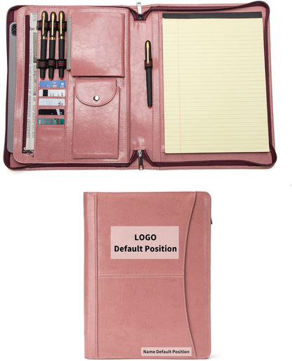 Personalized Vegan Leather Portfolio with Front Pocket for Women, Custom Zippered Padfolio Binder for 8.5 x 11 Legal Pad Notebook, Professional Laptop Case, Pink
