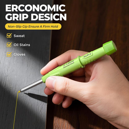 Nicpro CP3000 Carpenter Pencil with Sharpener, 2.8 mm Mechanical Pencils with 19 Refills, Deep Hole Marker for Construction, Heavy Duty Woodworking Pencil, Carpenter Tools for Architect Marking(Green)