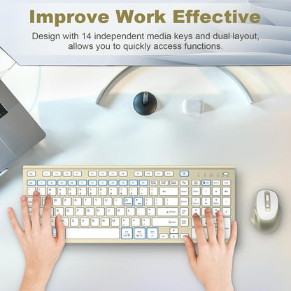 Wireless Keyboard and Mouse, USB Type C Rechargeable Slim Silent Keyboard Mouse, Compact Full-Size Keyboard with Number Pad and Cover for Windows, macOS, PC/Computer/Laptop - Gold