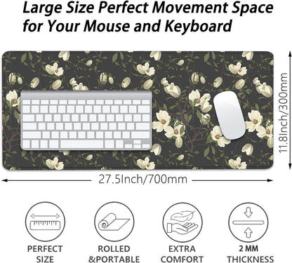 Magnolia Flowers Desk Pad Mouse Pad,Large Floral Mouse Mat with Stitched Edges,Non-Slip Rubber Base Black Mousepad for Office PC Keyboard Laptop and Home Work Desk Mat(27.5X11.8 in)