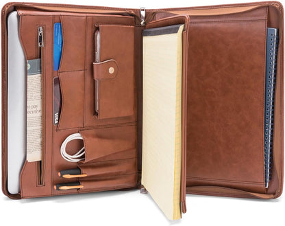 Vegan Leather Portfolio with Front Pocket for Men and Women, 8.5 x 11 Legal Pad Notepad Holder, Zippered Business Organizer, Professional Executive Letter Notebook Folder for Work, Brown