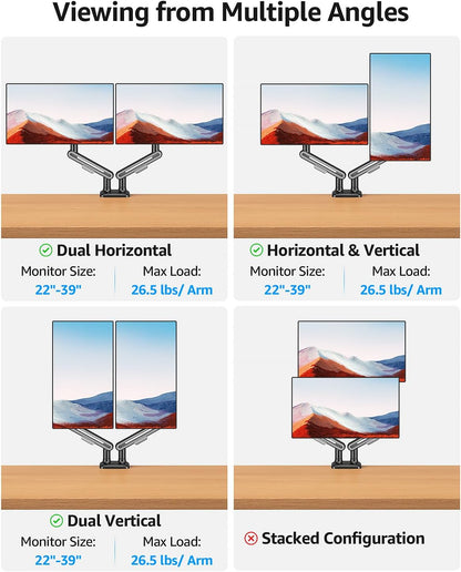 MOUNTUP Dual Monitor Mount Holds 4.4-26.5lbs, Heavy Duty Monitors Arm for 39 37 34 32 27inch, Gas Spring Monitor Stand for 2 Monitor, Height Adjustable Monitors Desk Mount with C-Clamp＆Grommet Base