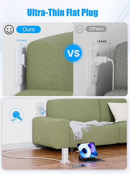 Flat Plug Power Strip Tower Surge Protector, 10FT Flat Extension Cord with Multiple Outlets, 12 AC Outlets, 4 USB Ports (2 USB C) Charging Station for Office Home Dorm Room Travel (White)