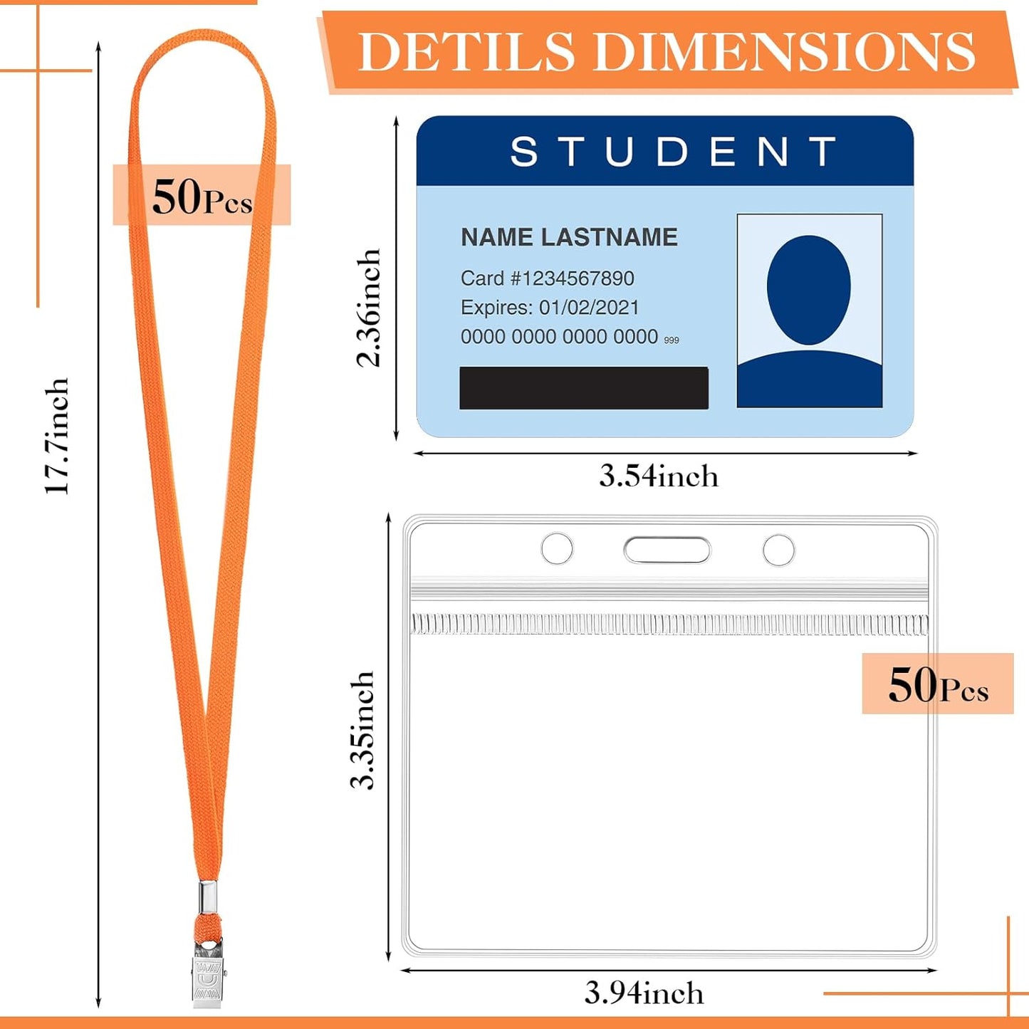 Marspark 50 Sets Clear Name Tags with Lanyard, Lanyards for ID Badges Reusable Strap with ID Holder Plastic Name Badges for Adults Business School Church Conference (Orange)