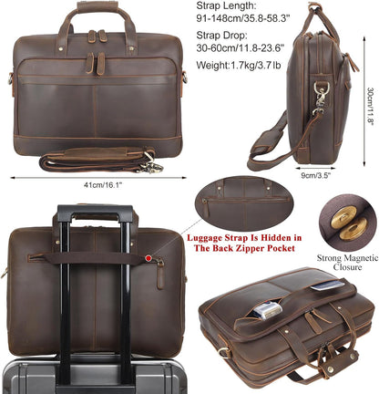 Leather Briefcase for Men 17 Inch Laptop Crossbody Shoulder Messenger Bag Attache Case for Business Travel Work Lawyer