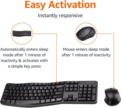 Amazon Basics Ergonomic Wireless Keyboard and Mouse Combo for Comfortable PC and Laptop Use, 2.4 GHz USB, Black