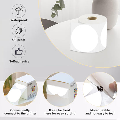 3 X 3 Inch Color Coding Dot Labels Circle White Thermal Printable Waterproof 2000 Pcs Round Stickers Adhesive Writable for Office, Home, Garage, DIY Sticker, Barcodes, Name Tag