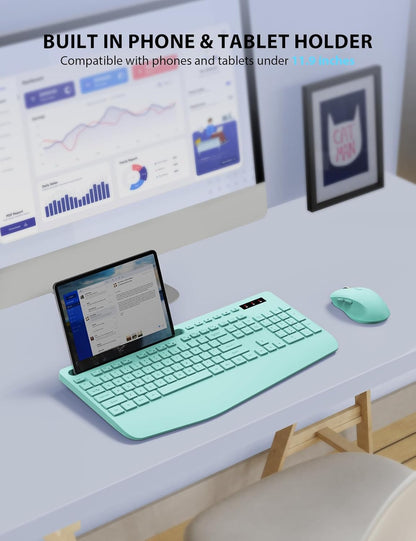 Wireless Keyboard and Mouse Combo - Full-Sized Ergonomic Keyboard with Wrist Rest, Phone Holder, Sleep Mode, Silent 2.4GHz Cordless Keyboard Mouse Combo for Computer, Laptop, PC, Mac, Windows (Green)