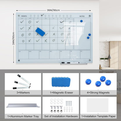 Magnetic Glass Whiteboard 36X24 Monthly Planner Calendar Dry Erase Board for Home, School, Office, Frameless, with Markers, Marker Tray, Eraser, Magnets (White)