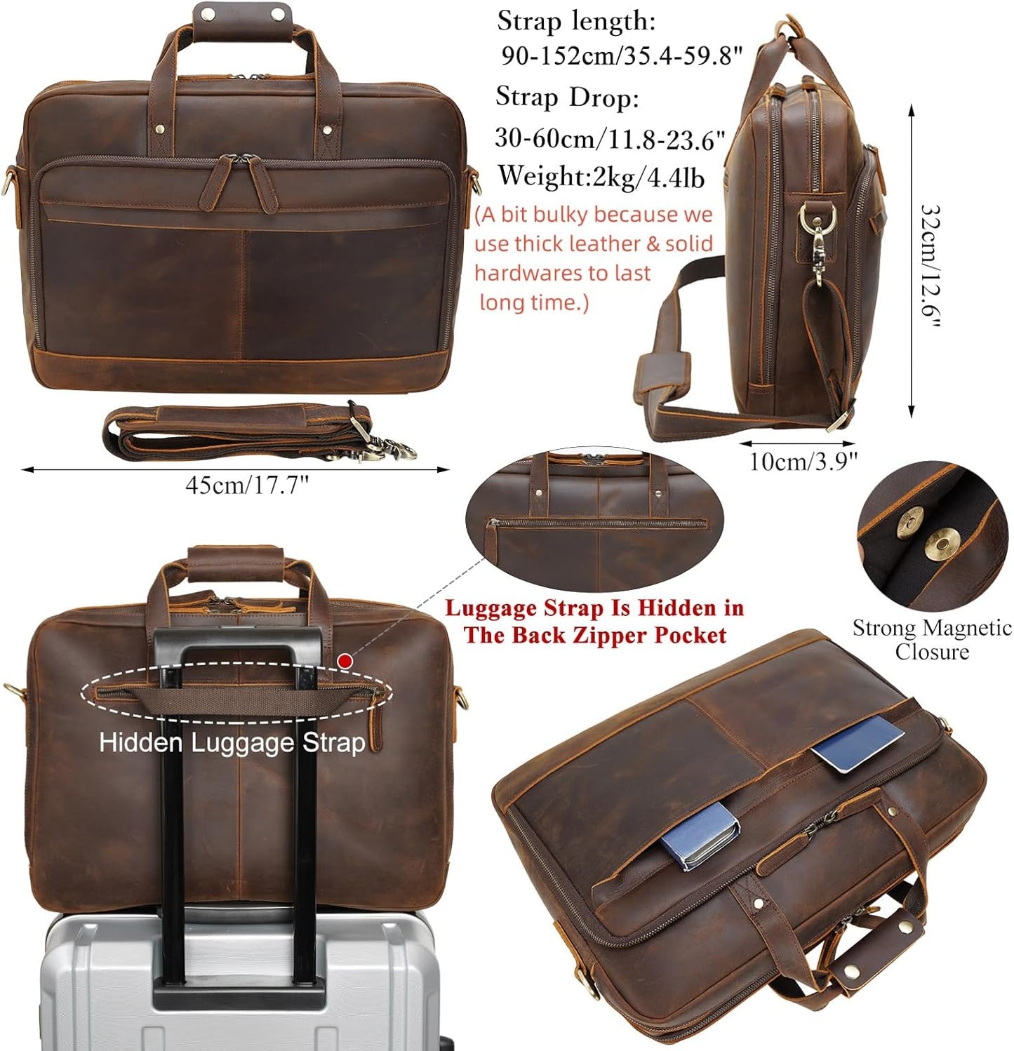 Leather Briefcase for Men 17 Inch Laptop Crossbody Shoulder Messenger Bag Attache Case for Business Travel Work Lawyer