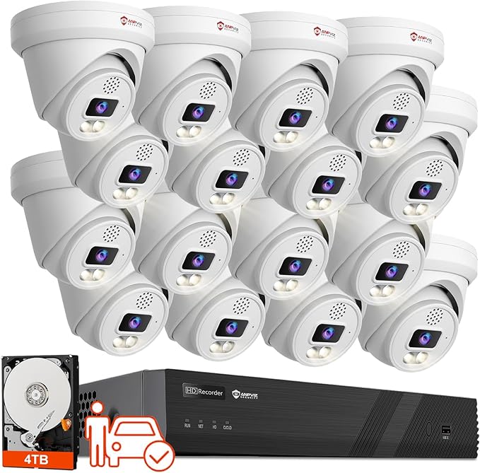 Two Way Audio, Anpviz 16CH PoE Security Camera System, AI Human Vehicle Motion Detection, 16x 6MP PoE IP Cameras for Business Home, 12MP 16CH POE NVR Pre-Installed 4TB HDD for 24/7 Recording, NDAA