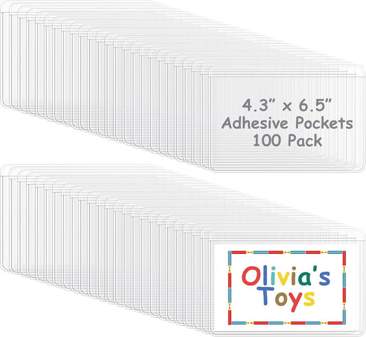Jeyiour 100 Pcs Label Holders Adhesive Nameplate Pockets Storage Bin Labels Index Card Holder Shelf Plastic Peel Stick for Classroom Supermarket Bookshelf Library Student Box Drawer (4.3 x 6.5 Inch)