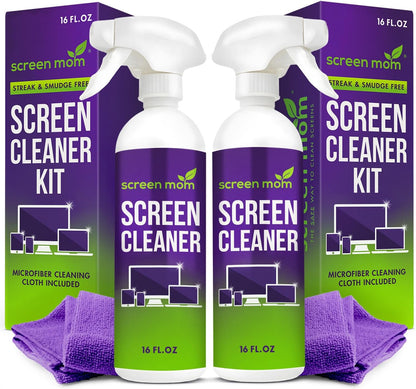 Screen Mom Screen Cleaner Spray and Microfiber Cloth 2-Pack (2x16oz) Screen Cleaner Spray and Wipe for TV, Computer, Phone, iPad, Car Screen Cleaning Kit Electronic Cleaner Spray