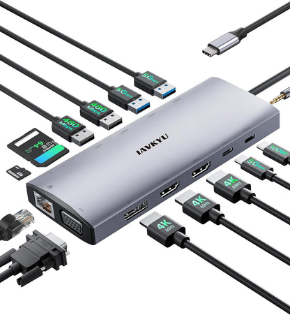 USB C Docking Station 4 Monitor,14 in 1 Laptop Docking Station 3 Monitor Quad Display USB C Hub Multiport Adapter with 2HDMI 4K+DP+VGA+Ethernet+6USB+100W PD+SD/TF+Audio,USBC Dock for Windows Laptop